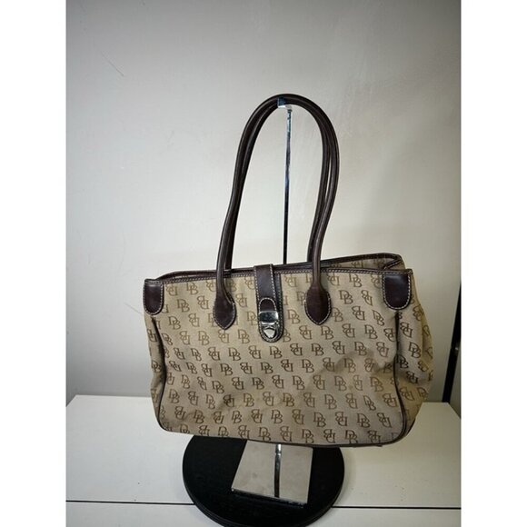Vintage Dooney And Bourke Tan & Brown Satchel Bag With Signature Logo - Picture 1 of 11
